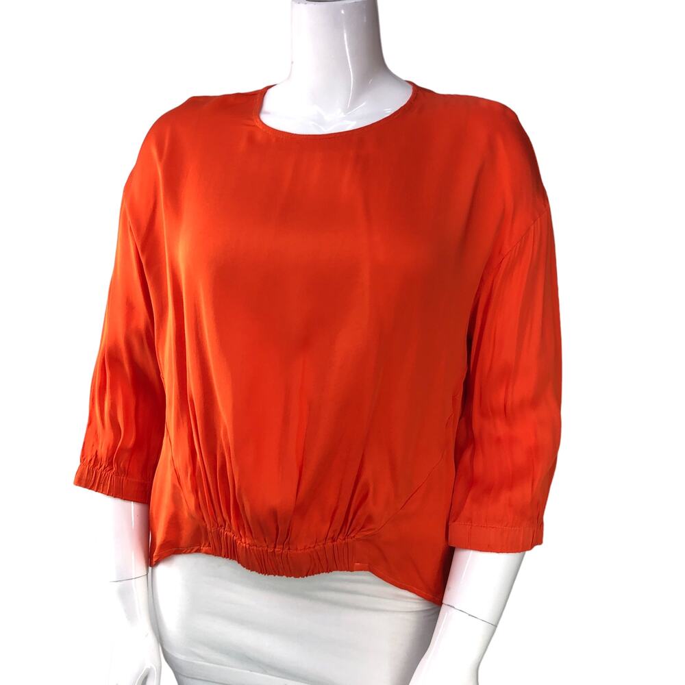 Stark X Womens Size L Blouse Faux Front Tuck Crew Neck Orange Top